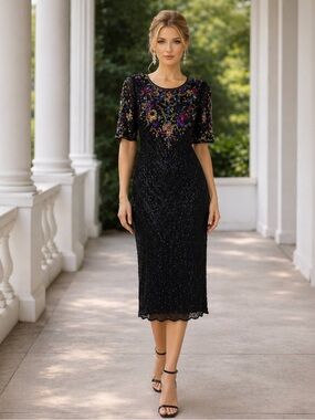 VTG JMC Beaded Silk Dress Black Midi Embellished Formal Size 14 Fits Medium